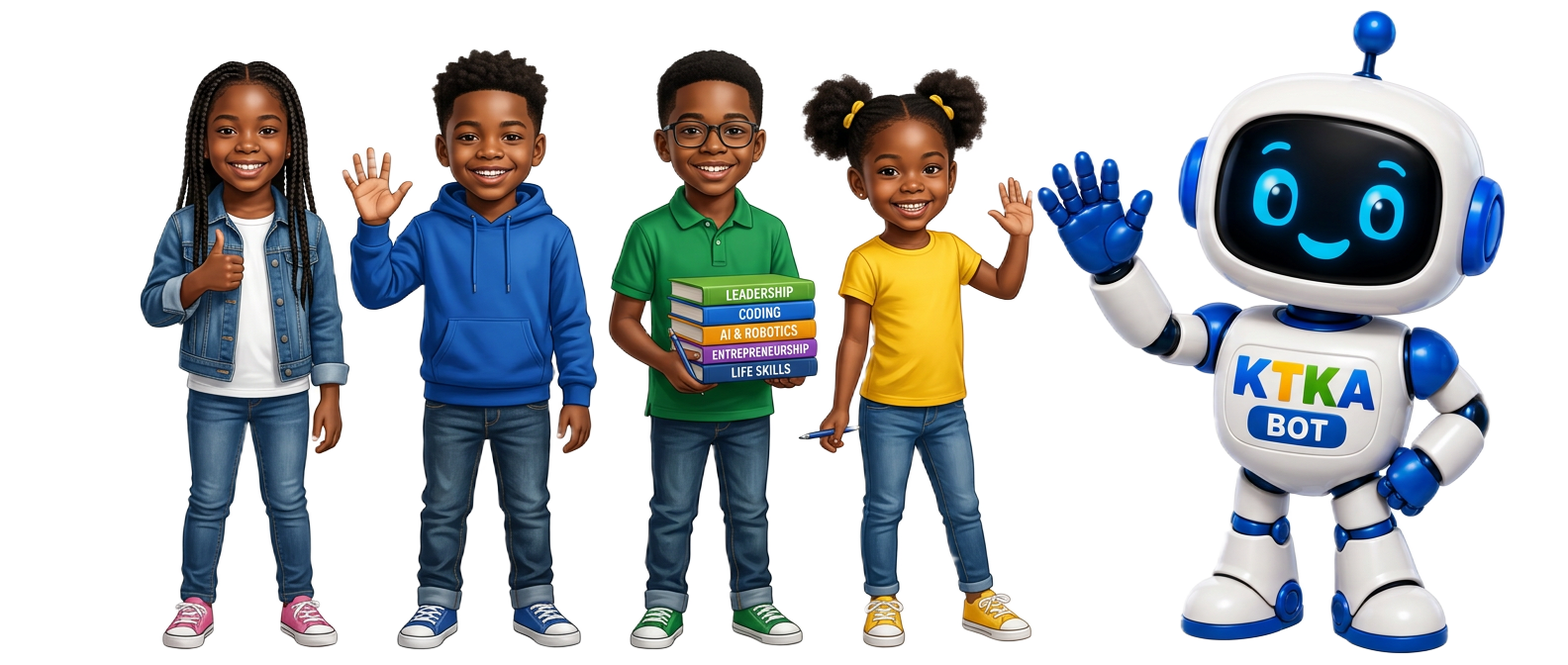 Four KTKA kids and Flo the robot standing as a team